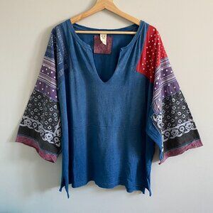 Free People "Shibuya" Top Patchwork Cotton Long Sleeve T-Shirt Oversized Boho